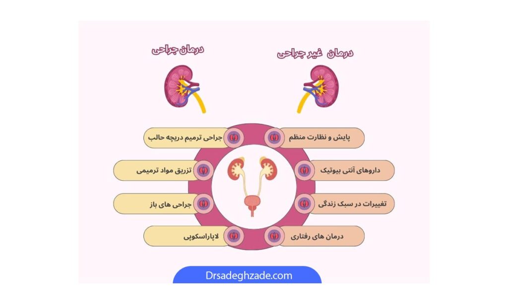 تصویر اینفوگرافیک از درمان جراحی و غیرجراحی رفلاکس ادرار 